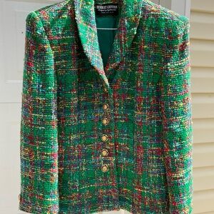 Hershey Grossman plus size Green Multicolor Tweed Blazer Gold Buttons colorful